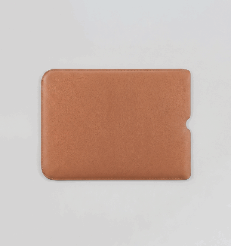 Camel Cross-Hatched Calf Leather Laptop Sleeve